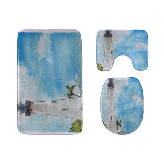 PUDMAD Hand Drawn Watercolor Lighthouse 3 Piece Bathroom Rugs Set Bath Rug Contour Mat and Toilet Lid Cover