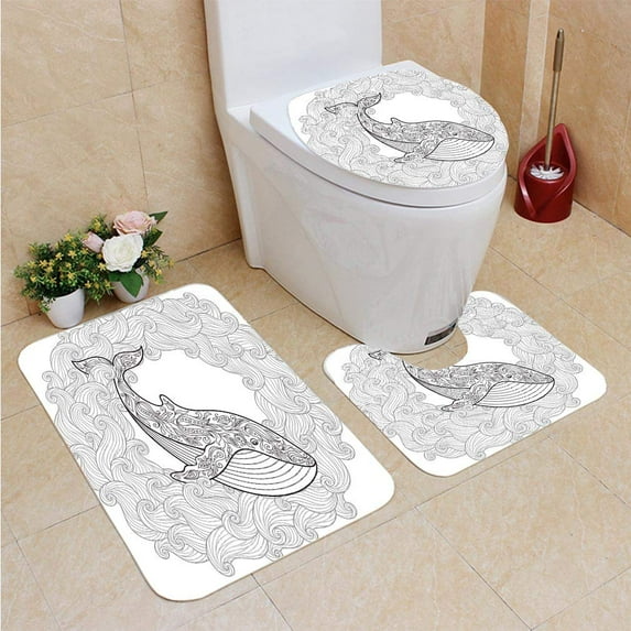 PUDMAD Hand Drawn Whale in Waves Coloring Page 3 Piece Bathroom Rugs Set Bath Rug Contour Mat and Toilet Lid Cover