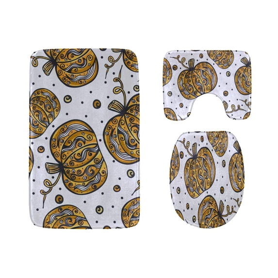 PUDMAD Hand-Painted Pumpkin Painting 3 Piece Bathroom Rugs Set Bath Rug Contour Mat and Toilet Lid Cover