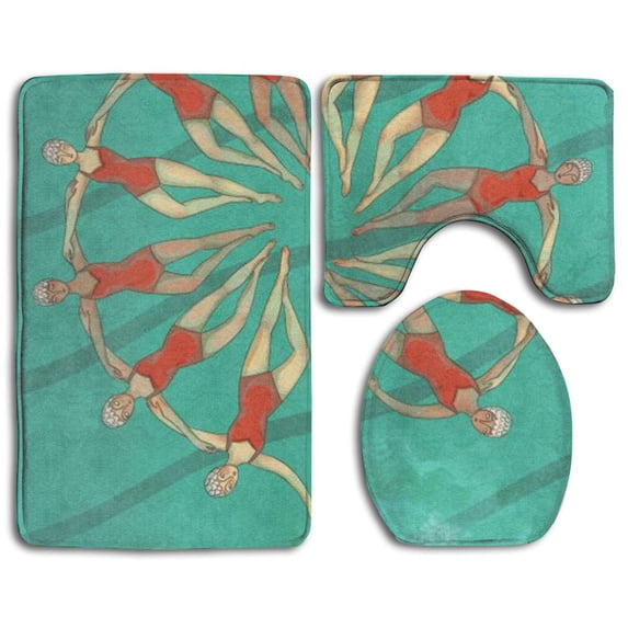 PUDMAD Handmade Swimming 3 Piece Bathroom Rugs Set Bath Rug Contour Mat and Toilet Lid Cover