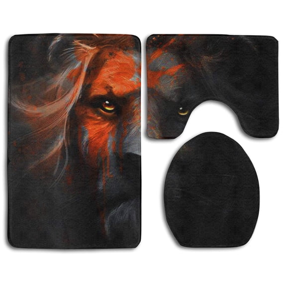 PUDMAD Handsome Lion 3 Piece Bathroom Rugs Set Bath Rug Contour Mat and Toilet Lid Cover