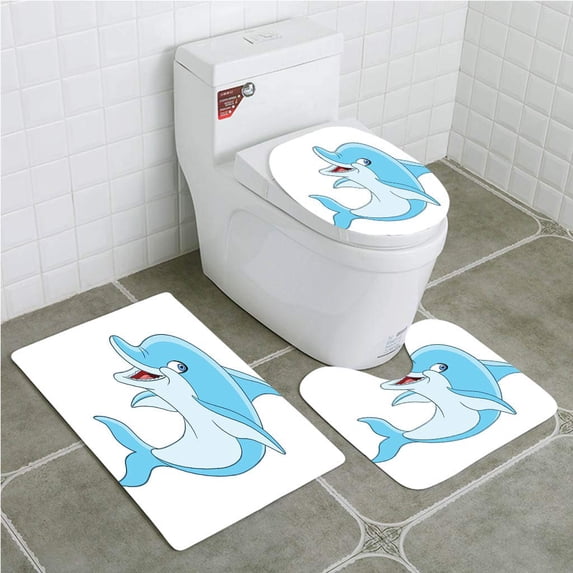 PUDMAD Happy Cartoon Dolphin 3 Piece Bathroom Rugs Set Bath Rug Contour Mat and Toilet Lid Cover