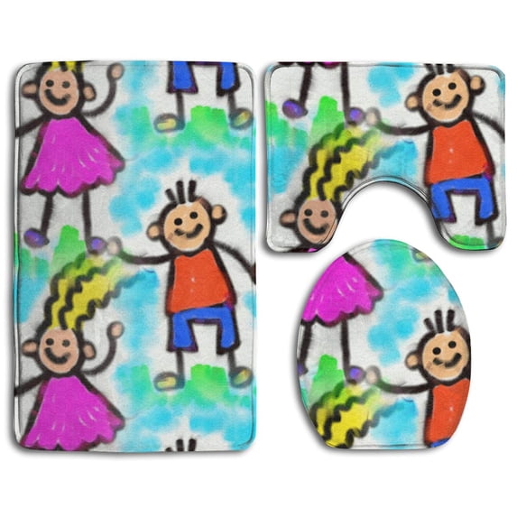 PUDMAD Happy Childrens 3 Piece Bathroom Rugs Set Bath Rug Contour Mat and Toilet Lid Cover
