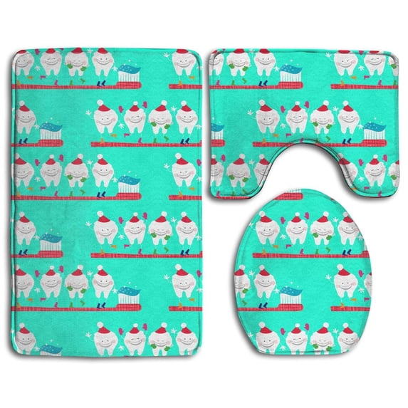 PUDMAD Happy Chrismas Teeth Mint Green 3 Piece Bathroom Rugs Set Bath Rug Contour Mat and Toilet Lid Cover