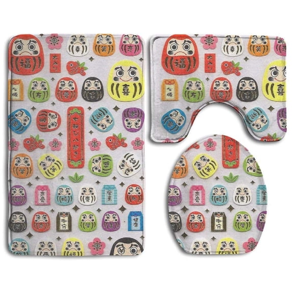 PUDMAD Happy Christmass Daruma 3 Piece Bathroom Rugs Set Bath Rug Contour Mat and Toilet Lid Cover