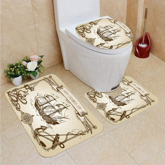 PUDMAD Happy Columbus Day Hand Drawn Columbus Ship Vintage Border Frame 3 Piece Bathroom Rugs Set Bath Rug Contour Mat and Toilet Lid Cover