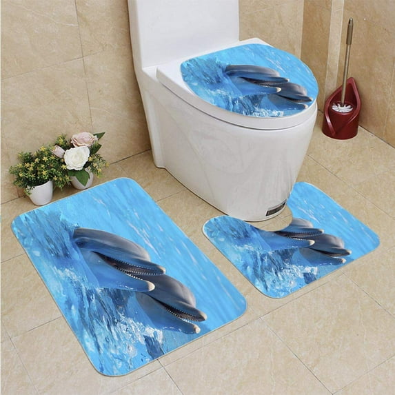 PUDMAD Happy Dolphin 3 Piece Bathroom Rugs Set Bath Rug Contour Mat and Toilet Lid Cover
