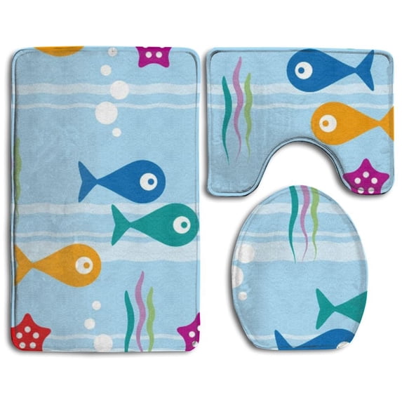PUDMAD Happy Fish 3 Piece Bathroom Rugs Set Bath Rug Contour Mat and Toilet Lid Cover