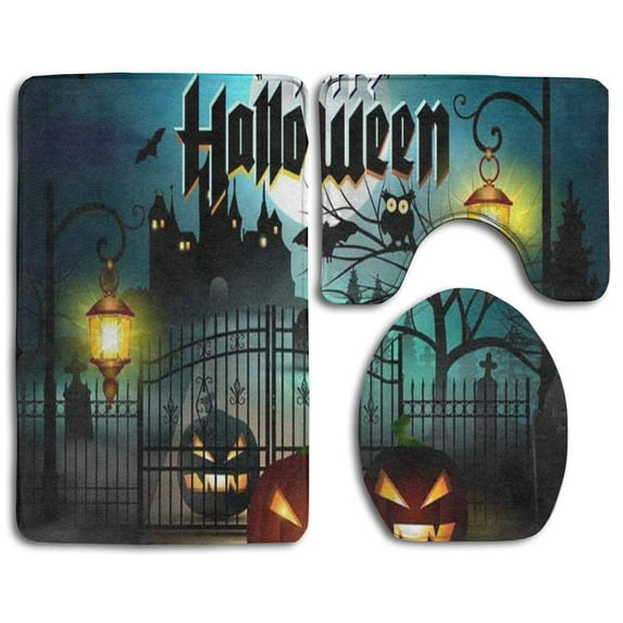 PUDMAD Happy Halloween Bat Pumpkin 3 Piece Bathroom Rugs Set Bath Rug Contour Mat and Toilet Lid Cover
