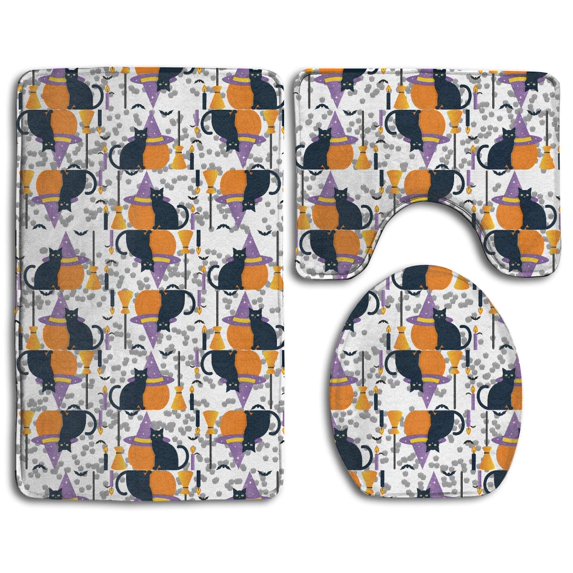 PUDMAD Happy Halloween Witch Cat 3 Piece Bathroom Rugs Set Bath Rug Contour Mat and Toilet Lid Cover