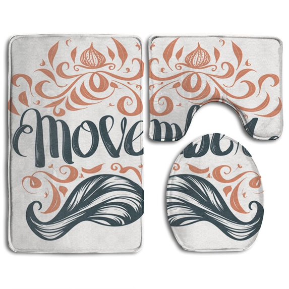 PUDMAD Happy Movember 3 Piece Bathroom Rugs Set Bath Rug Contour Mat and Toilet Lid Cover
