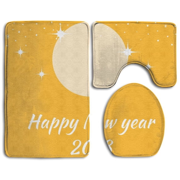 PUDMAD Happy New Year 2018 3 Piece Bathroom Rugs Set Bath Rug Contour Mat and Toilet Lid Cover