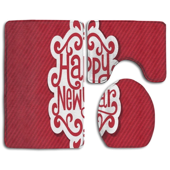 PUDMAD Happy New Year 3 Piece Bathroom Rugs Set Bath Rug Contour Mat and Toilet Lid Cover