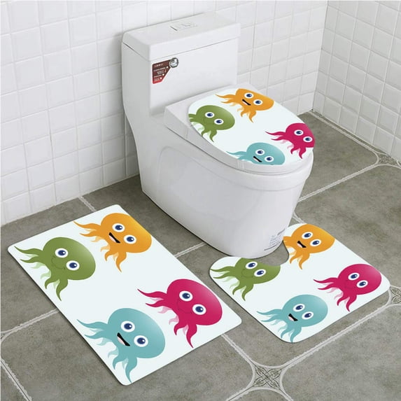 PUDMAD Happy Octopi 3 Piece Bathroom Rugs Set Bath Rug Contour Mat and Toilet Lid Cover