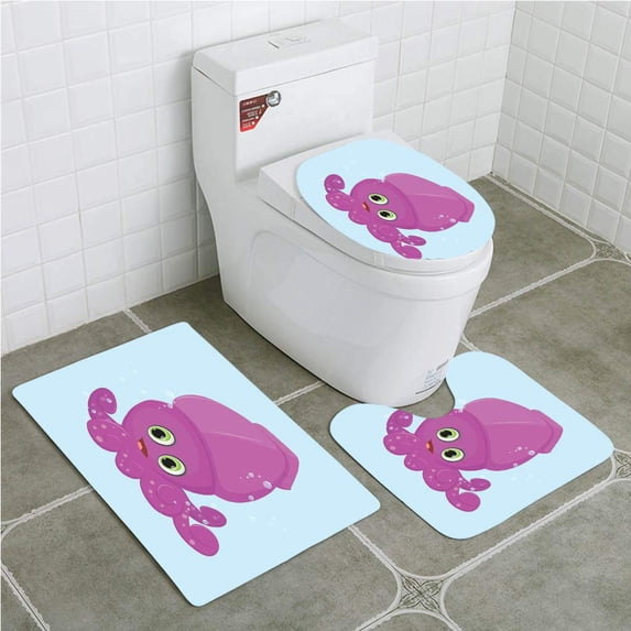 PUDMAD Happy Octopus Cartoon 3 Piece Bathroom Rugs Set Bath Rug Contour Mat and Toilet Lid Cover