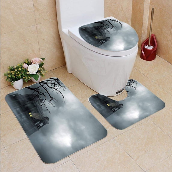 PUDMAD Haunted House 3 Piece Bathroom Rugs Set Bath Rug Contour Mat and Toilet Lid Cover