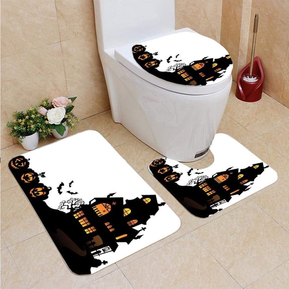 PUDMAD Haunted House Silhouette Theme 4 3 Piece Bathroom Rugs Set Bath Rug Contour Mat and Toilet Lid Cover