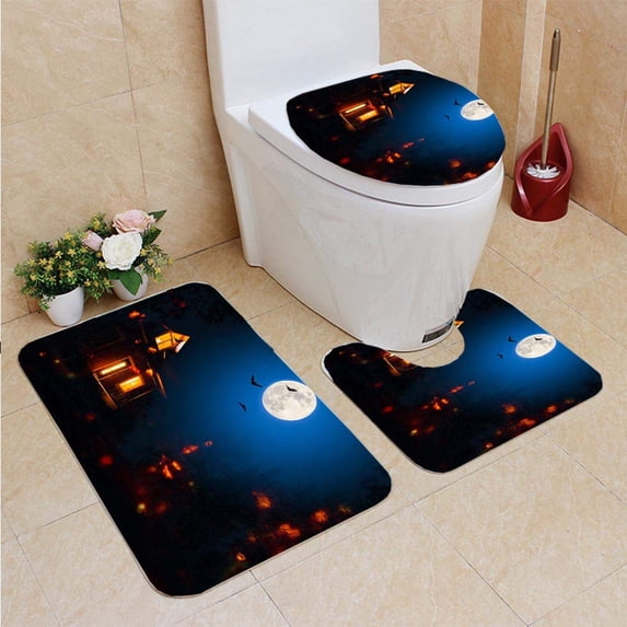 PUDMAD Haunted House in Halloween Night 3 Piece Bathroom Rugs Set Bath Rug Contour Mat and Toilet Lid Cover