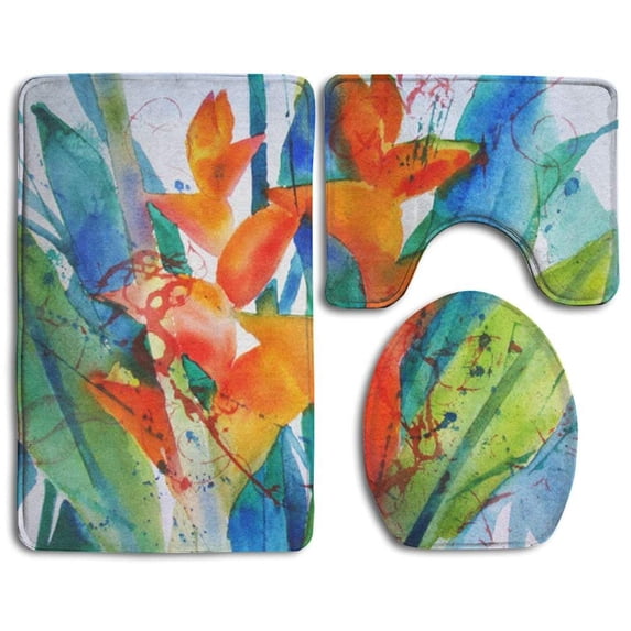 PUDMAD Hawaii Flower Watercolor 3 Piece Bathroom Rugs Set Bath Rug Contour Mat and Toilet Lid Cover