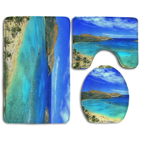 PUDMAD Hawaii Tropical Island Sea 3 Piece Bathroom Rugs Set Bath Rug Contour Mat and Toilet Lid Cover