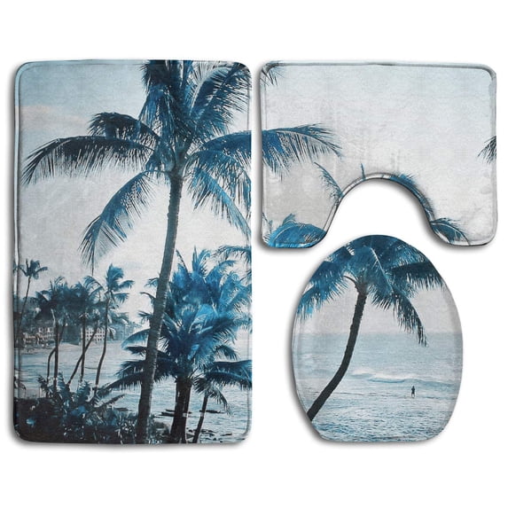 PUDMAD Hawaiian Coast Plam Tree 3 Piece Bathroom Rugs Set Bath Rug Contour Mat and Toilet Lid Cover