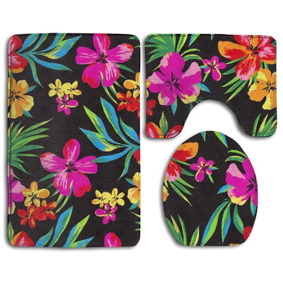 PUDMAD Hawaiian Colorful Flower 3 Piece Bathroom Rugs Set Bath Rug Contour Mat and Toilet Lid Cover