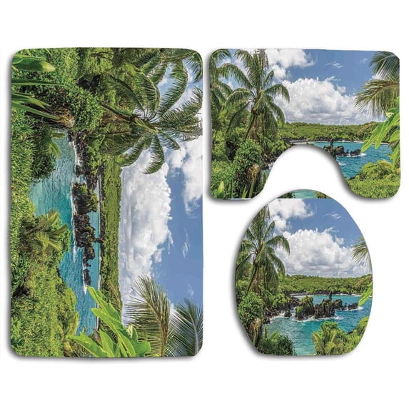 PUDMAD Hawaiian Relaxing Exotic Lagoon Coconut Trees Nature Forest Clouds Plants Rocks 3 Piece Bathroom Rugs Set Bath Rug Contour Mat and Toilet Lid Cover