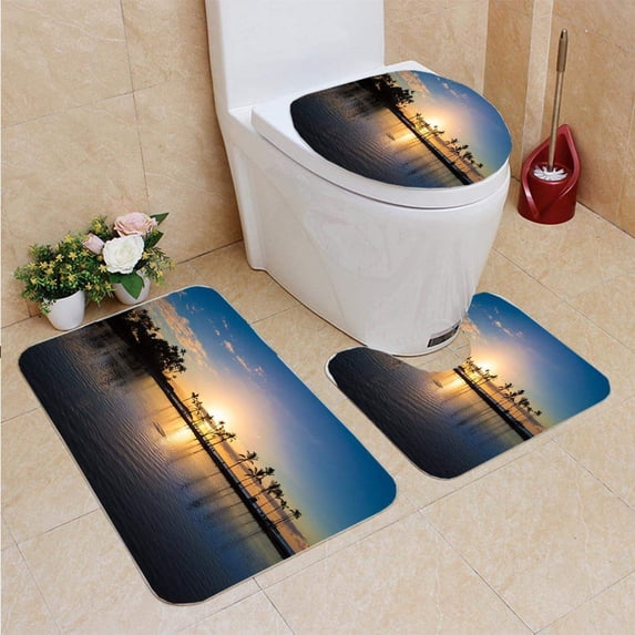 PUDMAD Hawaiian Sunset 3 Piece Bathroom Rugs Set Bath Rug Contour Mat and Toilet Lid Cover