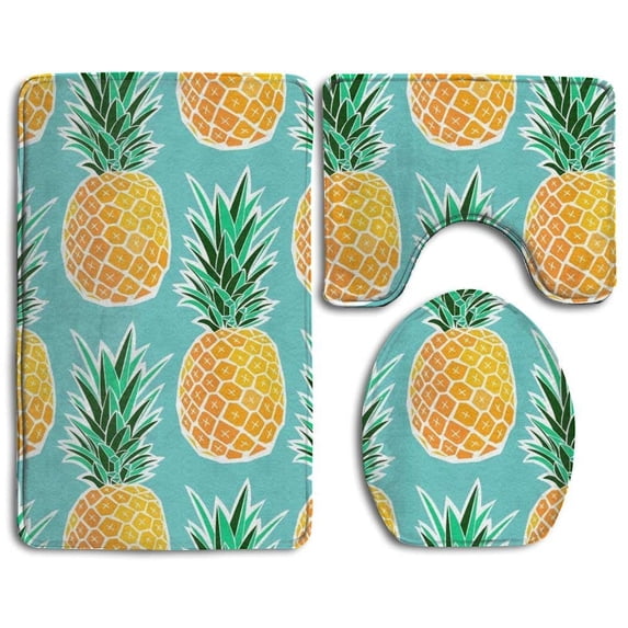 PUDMAD Hawaiian Tropical Pineapple 3 Piece Bathroom Rugs Set Bath Rug Contour Mat and Toilet Lid Cover