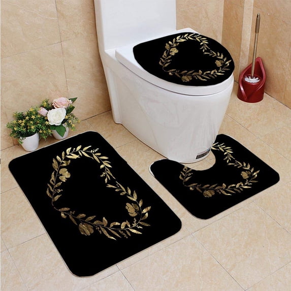 PUDMAD He Floral Wreath Gold Leaf Metallic Foil 3 Piece Bathroom Rugs Set Bath Rug Contour Mat and Toilet Lid Cover