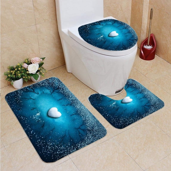 PUDMAD He Shape Frozen Lake 3 Piece Bathroom Rugs Set Bath Rug Contour Mat and Toilet Lid Cover