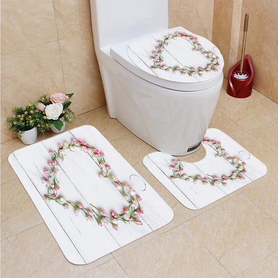PUDMAD He Symbol Made Flowers 3 Piece Bathroom Rugs Set Bath Rug Contour Mat and Toilet Lid Cover