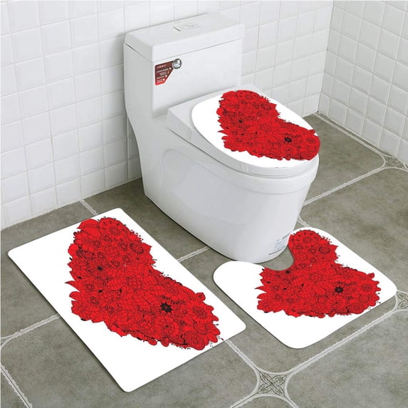 PUDMAD Heart Doodle 3 Piece Bathroom Rugs Set Bath Rug Contour Mat and Toilet Lid Cover