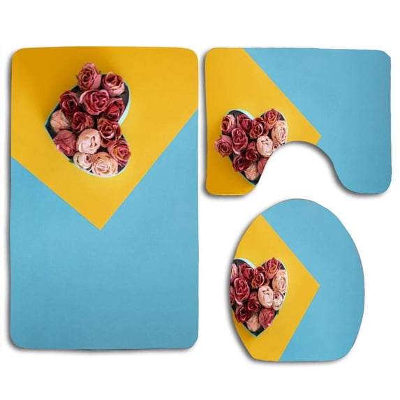 PUDMAD Heart Made Red Roses 3 Piece Bathroom Rugs Set Bath Rug Contour Mat and Toilet Lid Cover