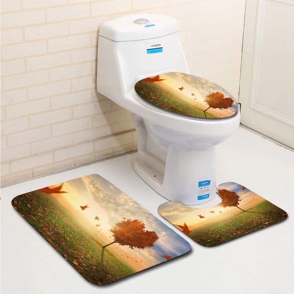 PUDMAD Heart Shaped Tree During Fall 3 Piece Bathroom Rugs Set Bath Rug Contour Mat and Toilet Lid Cover