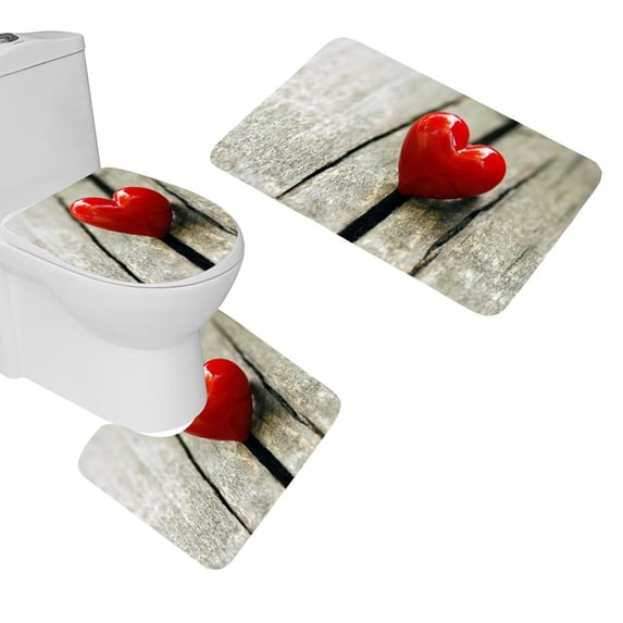 PUDMAD Heart Surface Love 3 Piece Bathroom Rugs Set Bath Rug Contour Mat and Toilet Lid Cover