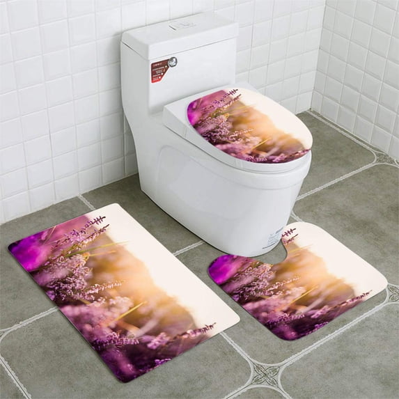 PUDMAD Heather in Meadow During Sunrise 3 Piece Bathroom Rugs Set Bath Rug Contour Mat and Toilet Lid Cover