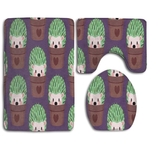 PUDMAD Hedgehog Cactus Color 3 Piece Bathroom Rugs Set Bath Rug Contour Mat and Toilet Lid Cover