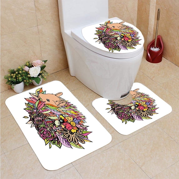 PUDMAD Hedgehog Vibrant Color Floral Arrangement Wildflowers Leaves Cute Hedgehog 3 Piece Bathroom Rugs Set Bath Rug Contour Mat and Toilet Lid Cover