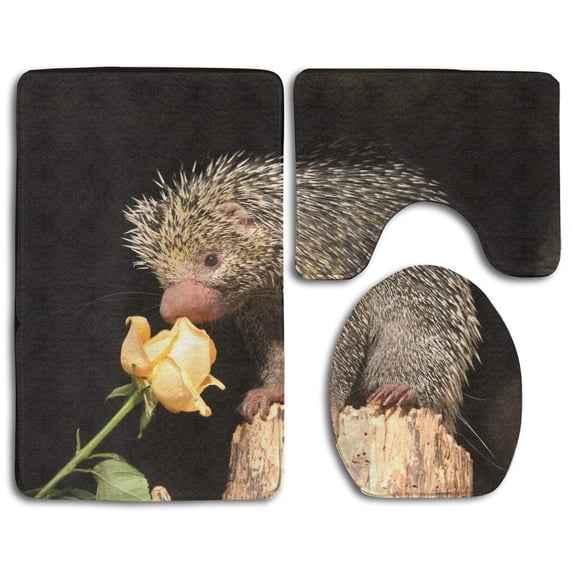 PUDMAD Hedgehog and Yellow Rose 3 Piece Bathroom Rugs Set Bath Rug Contour Mat and Toilet Lid Cover