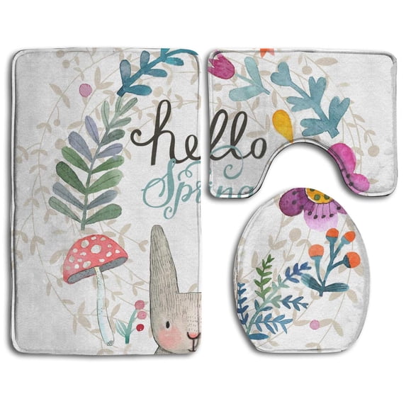 PUDMAD Hello Spring Watercolor Rabbit Floral 3 Piece Bathroom Rugs Set Bath Rug Contour Mat and Toilet Lid Cover