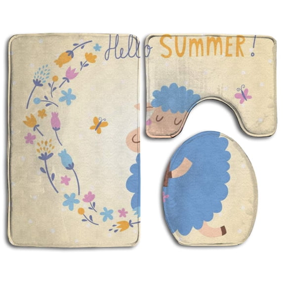 PUDMAD Hello Summer Sheep 3 Piece Bathroom Rugs Set Bath Rug Contour Mat and Toilet Lid Cover