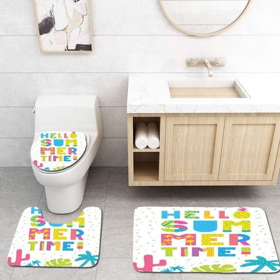 PUDMAD Hello Summer Typography 3 Piece Bathroom Rugs Set Bath Rug Contour Mat and Toilet Lid Cover