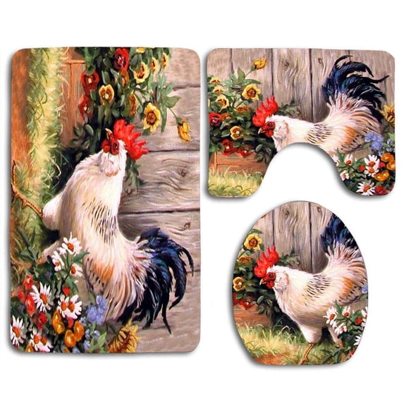 PUDMAD Hen and Flowers 3 Piece Bathroom Rugs Set Bath Rug Contour Mat and Toilet Lid Cover