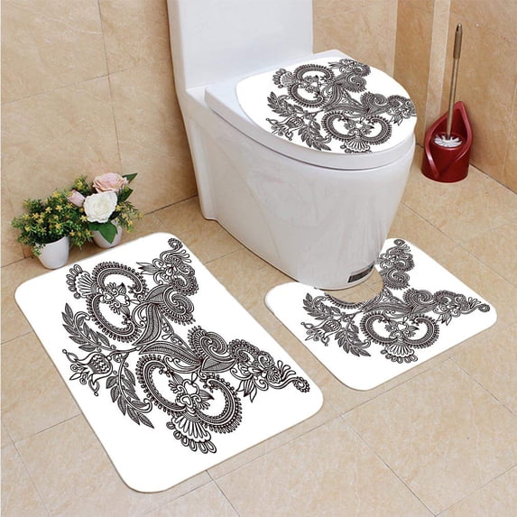 PUDMAD Henna Symmetrical Doodle Style Eastern Ornament Monochrome Seal B 3 Piece Bathroom Rugs Set Bath Rug Contour Mat and Toilet Lid Cover