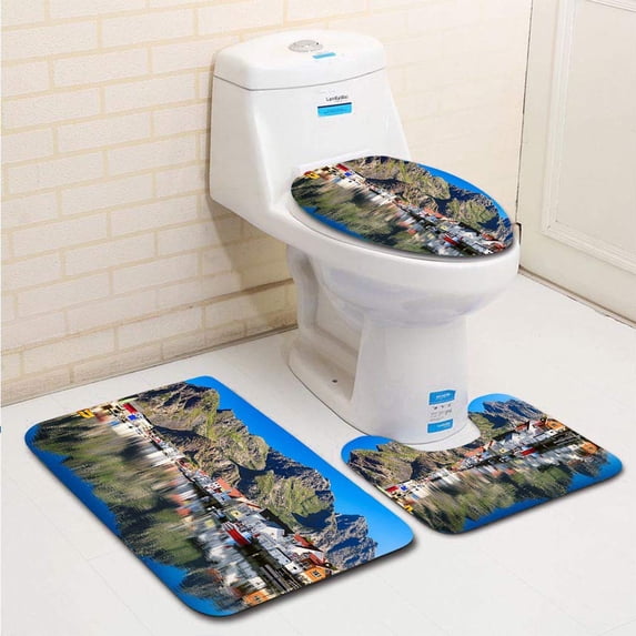 PUDMAD Henningsvaer sque Norwegian Fishing Village in Lofoten Islands 3 Piece Bathroom Rugs Set Bath Rug Contour Mat and Toilet Lid Cover