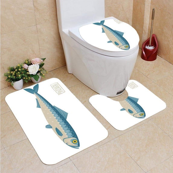 PUDMAD Herring 3 Piece Bathroom Rugs Set Bath Rug Contour Mat and Toilet Lid Cover