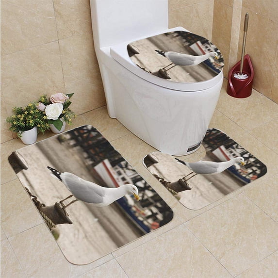 PUDMAD Herring Gull Quayside 3 Piece Bathroom Rugs Set Bath Rug Contour Mat and Toilet Lid Cover
