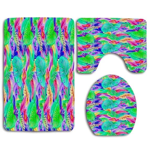 PUDMAD Hibiscus Colorful Flowers 3 Piece Bathroom Rugs Set Bath Rug Contour Mat and Toilet Lid Cover