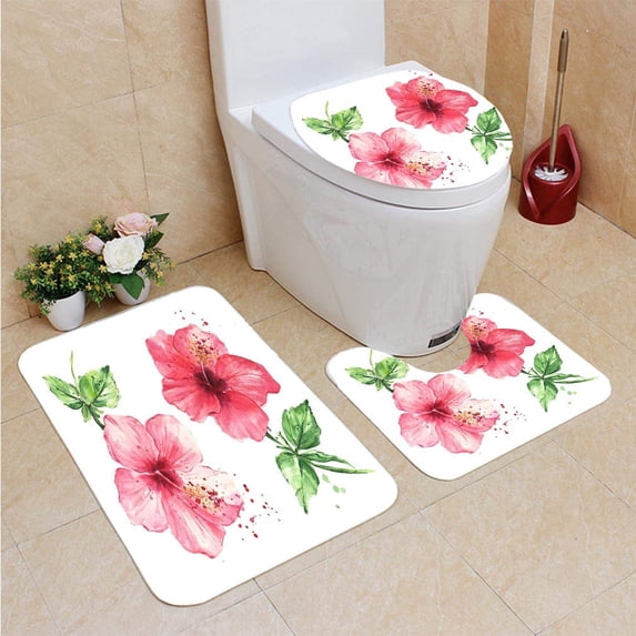 PUDMAD Hibiscus Flowers Watercolor Painting 3 Piece Bathroom Rugs Set Bath Rug Contour Mat and Toilet Lid Cover
